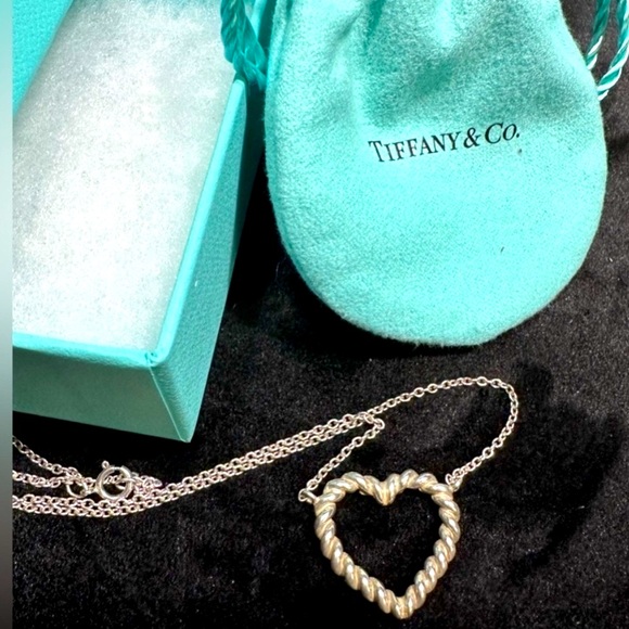 Tiffany & Co. Twist Open Heart 925 Silver Necklace Box Ribbon Pouch and Bag - Picture 1 of 9